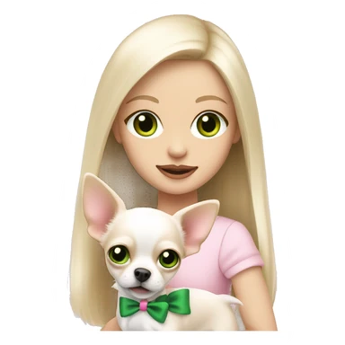 pale blond girl with long platinum hair with green eyes holding a white chihuahua puppy that wearing a pink bow sticker