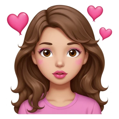 girl with long wavy brown hair, brown eyes, light to medium complexion, in a pink shirt, pink lips, long lashes, puckering lips kissing, blushing with hearts sticker