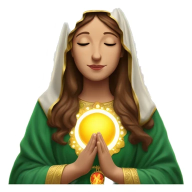 Virgin Mary: kind face looking down at the left, long brown hair, Wearing an emerald green  robe with gold stars and a burgundy red dress,  Hands in prayer or blessing. Halo around her head. standing in front of a big sun. colorful roses on the sides  sticker