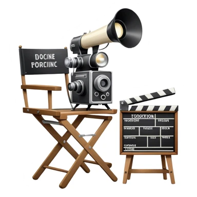 Icon for Directing: a director's chair, a film clapperboard, large movie camera, vintage megaphone and a stage with a spotlight. The icon should represent the creative and organizational aspects of directing, with focus on storytelling, staging, and performance. Transparent background. sticker