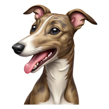 Cinematic Cute Yawning Brindle Greyhound Portrait Emoji, Head tilted slightly with a dramatic, wide-open yawn, showcasing a smooth brindle Fur with a refined pattern, floppy ears slightly drooping, round eyes barely open in drowsy contentment, Simplified yet irresistibly adorable features, highly detailed, glowing with a soft, cozy glow, high shine, relaxed yet expressive, stylized with a touch of whimsy, bright and endearing, soft glowing outline, capturing the essence of a sleepy yet affectionate racer, so drowsy it feels like it could stretch out of the screen and curl up for a nap! sticker