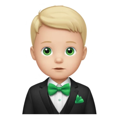 baby boy blue eyes, in suit, with green bow sticker