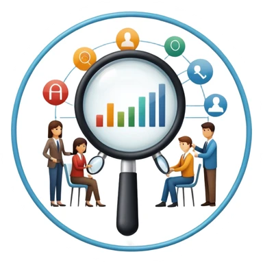 An icon featuring a group of diverse people, interconnected by lines, symbolizing sociology. The design includes a magnifying glass and a bar chart, representing the study of societies and social structures. Transparent background highlights the analysis of human behavior and social dynamics. sticker
