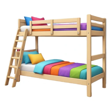 "Cozy bunk bed in a bright bedroom, wooden frame, colorful bedding, small ladder, soft natural light, realistic and detailed." sticker