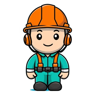 Male oil rig worker in uniform and safety helmet, minimalist design with soft gradients in sky blue, teal green, white, and light gray sticker