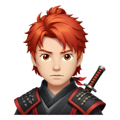 Teenager male, shaggy red hair, grey eyes, fire element, samurai sticker