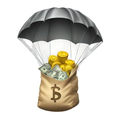 bag of money dropping with a parachute sticker