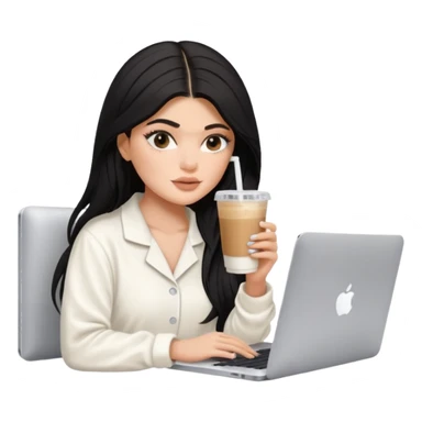 Kylie Jenner with her sexy face and long hair, make it 1 tone lighter. She's learning on macbook watching the screen, she wears a white Skims pajama and she's drinking 1 tasty iced latte with a straw sticker