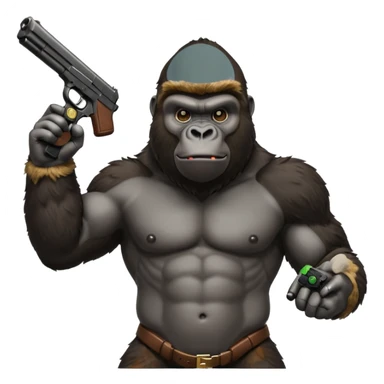 A gorilla holding a gun in the air with a Xbox controller  sticker
