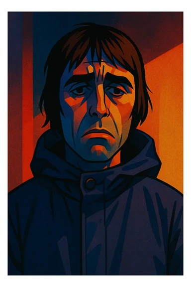 sad Liam Gallagher, moody lighting, expressive face, detailed and emotional sticker