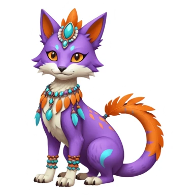 Kawaii cute orange purple turquoise exotic tribal beautiful pretty elegant divine edgy feline-vernid-sergal-Fakémon-Pokémon-Digimon-fursona-animal-creature with bracelet, necklace, full body, with intricate detailed markings, feather headdress  sticker