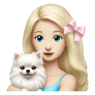 Blond girl white skin blue eyes hugging white Pomeranian with light pink bow sticker