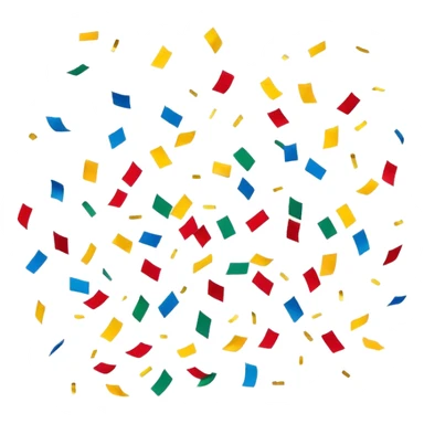 Colorful confetti pieces floating in the air, scattered randomly with a sense of motion. The confetti includes small paper strips and round shapes in vibrant colors like red, blue, yellow, and green. Soft shadows and subtle transparency give a light and festive feel. Flat, modern illustration, clean and minimal, white background. sticker