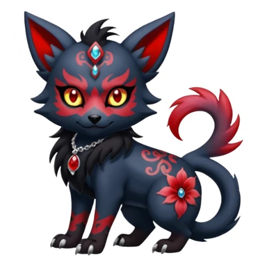 Asian-painted tattooed oriental Floral gothic edgy emo cool and ruby-jewelry-adorned Absol-Litten-Zorua-Houndour-fusion-Fakemon-animal-creature  sticker