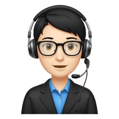 Un locutor de radio, pelo negro, con gafas, sticker