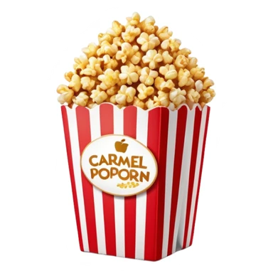 caramel popcorn in an extra large red and white vertically striped package, thick bold stripes, golden brown caramel popcorn, authentic Apple emoji style with glossy finish and subtle gradients, package dominates the image, minimalist clean design, no text sticker