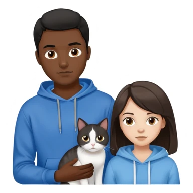 dark-skinned man with black hair and a black sweatshirt and a white girl with brown hair, a blue top, and a gray and white cat sticker