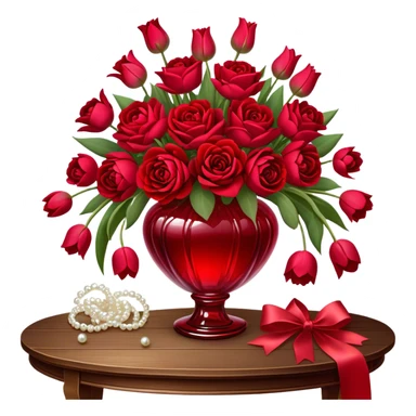 "A romantic still life of a crystal-clear red glass vase brimming with a lavish mix of scarlet roses, tulips, peonies, and silk-like pansies, with pearl-hued ribbons cascading gracefully over a vintage wooden table."
 sticker