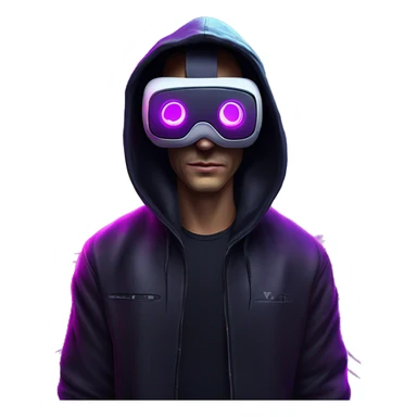 Russian man wearing a black hoodie with "OMG" letters on it and VR headset in a cyberpunk VR environment with violet neon lighting. sticker