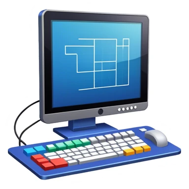 Professional icon for Game Design: computer screen with game interface, 3D models, pixel art, and design tools like grid, wireframe, and stylus. Symbolizes the technical and creative process of game development. Transparent background. sticker