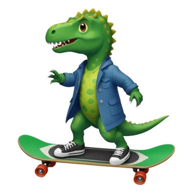 a dinosaur on a skateboard wearing a coat with sneakers in the bottom sticker