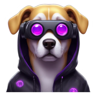 Russian dog wearing a black hoodie with "OMG" letters on it and VR headset in a cyberpunk VR environment with violet neon lighting. sticker