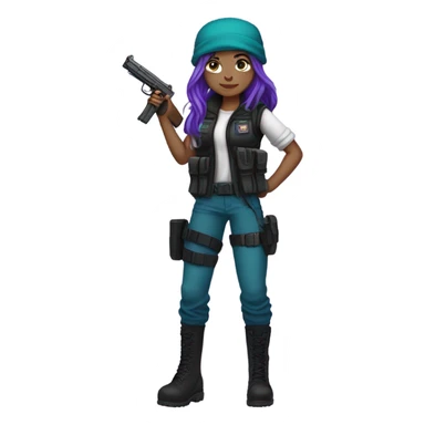 Girl, white skin, tactical vest, dark pants, long teal purple hair, blue eyes, purple beanie hat, gun, black combat boots sticker