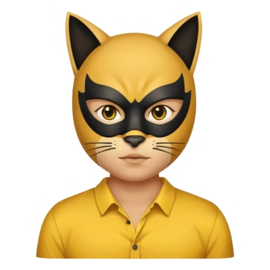 a black cat with yellow mask and shirt, half upon
 sticker