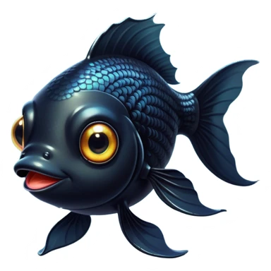 Cinematic Cute Black Goldfish Portrait Emoji, Head tilted playfully and inquisitively, featuring a glossy, deep black body with shimmering scales and round, sparkling golden eyes filled with curiosity, Simplified yet irresistibly adorable features, highly detailed, glowing with a warm, friendly glow, high shine, affectionate and lively, stylized with a touch of whimsy, bright and endearing, soft glowing outline, capturing the essence of a mischievous yet loving goldfish, so playful it feels like it could swim out of the screen and into your heart! sticker