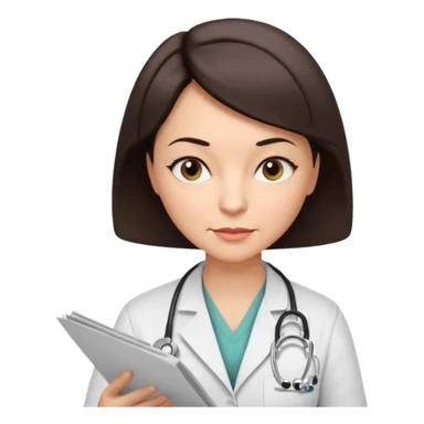 A female doctor in her 50s with visible facial wrinkles, dark brown short bob hair, her body turned slightly at an angle, with her gaze clearly directed downward and fixed on the medical chart she is reviewing. sticker