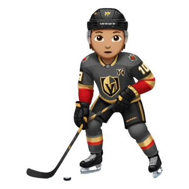 A hockey player in a Vegas Golden Knights black & gold jersey, red accent glow, centered stance, stick on the ice, faceoff position sticker
