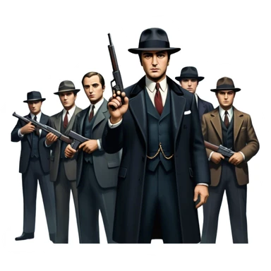Vintage noir poster with Don Corleone surrounded by gangsters holding Thompson submachine guns. Dark and moody atmosphere with shadows, suits, and a mysterious vibe. Background features New York skyscrapers, adding to the gritty, classic gangster film feel. Transparent background. sticker