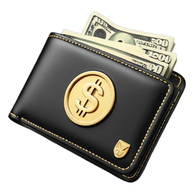 Rich emoji style black leather wallet with dollar bills, luxury money vibe, premium 3D emoji, ultra clean, high detail, no background sticker