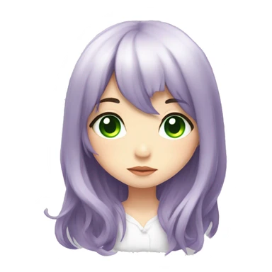 Purple long Haired women,the bangs goes up, white blouse,  green eyes, anime, chibi sticker