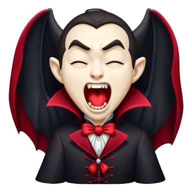 Cinematic Cute Yawning Vampire Portrait Emoji, with a small, rounded, charming pale face accented with tiny playful fangs and droopy, half-closed eyes, head tilted in an adorable wide yawn, dressed in miniature elegant dark attire with a hint of crimson, simplified yet irresistibly endearing, highly detailed with a soft, mysterious glow and gentle outline that captures the cute, drowsy side of an immortal! sticker