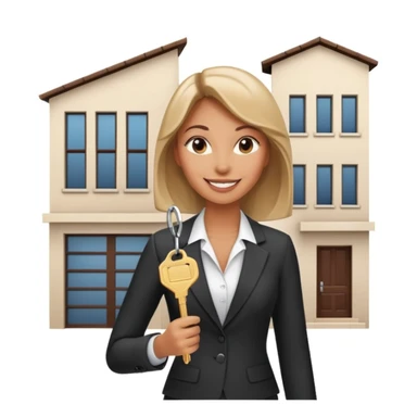 woman realtor in a suit, smiling, holding house keys, modern Dubai townhouse behind her sticker