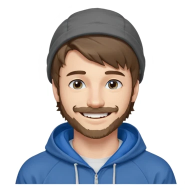 20 year old man, short scruffy beard and thin moustache, brown puffy mullet, blue eyes, big smile, white teeth, big lips, pronounced jaw, hair longer in back, sticking up on top, thin face, grey hooded sweatshirt, pale skin, big smile, blue eyes, puffy hair that is long in back sticker