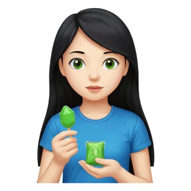 A girl with long black hair wearing a blue t-shirt holding a piece of green hard candy in one hand and a green candy wrapper showing a guava on it in the other hand sticker