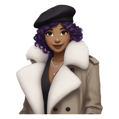 black hair, pale skintone, long messy hairstyle, beret hat, purple eyes, smile, long black trench coat with white fur around the neck, purple crystal earrings, purple crystal necklace sticker