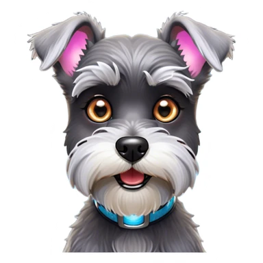 Cinematic Comical Miniature Schnauzer Portrait Emoji, Head tilted dramatically with a comically shocked expression and large, animated eyes, featuring a sharply defined salt-and-pepper fur with exaggerated, humorous eyebrows, simplified yet hilariously detailed, glowing with a bold, playful radiance, high shine, exuding a spirited and cheeky charm, styled with a soft glowing outline, capturing the essence of a Miniature Schnauzer that appears ready to dash into a burst of comic energy! sticker