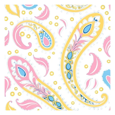 paisley motif, seamless pattern print in soft and bright blues, yellow, white and Bedazzled pink colors. Must be visually appealing, 4k hd, 3000x3000, DPI 300 sticker