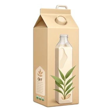 plant milk carton, beige, minimalist, upright with fold-top or screw cap, subtle oat graphic, modern eco-friendly style, no branding, soft lighting, emoji scale sticker