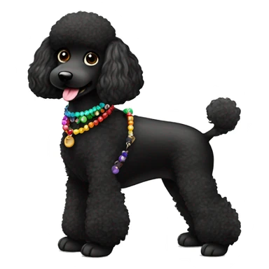 3 legs One Small furry Black Poodle with one  colorful bead necklaces with brown harness sticker