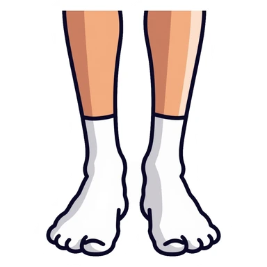 bottom view of feet wearing white athletic socks showing soles with texture pattern sticker