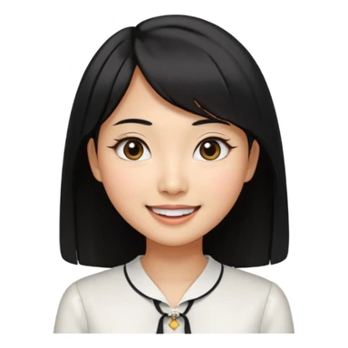 30 yr old asian woman center parted hair big eyes big smile tanned skin straight black hair hippie part hair white blouse shoulder length hair middle parted hair few short bangs at front sticker