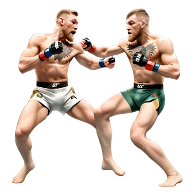 An MMA showdown between Conor McGregor and Anderson Silva in the octagon. McGregor is executing a powerful jumping strike, while Silva is expertly blocking the attack with his forearm. The background features the UFC octagon, fans in the distance, and dynamic action. Transparent background sticker