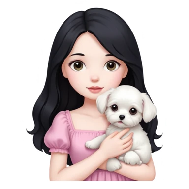 beautiful girl with long black hair wearing pink dress holding a white Maltese puppy sticker