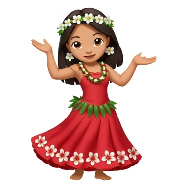 Lilo from Lilo & Stitch dancing hula, wearing a red dress with white flowers, apple style emoji sticker