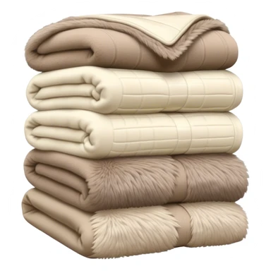 Stack of folded luxury blankets, cream-colored knit and taupe fur sticker
