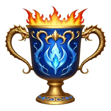 The Goblet of Fire is a large, ornate cup made of burnished gold with intricate carvings and handles shaped like fiery dragons. It's enchanted to select the champions for the Triwizard Tournament by emitting blue flames and magically presenting their name sticker